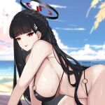  1girl absurdres amai-pai arm_support armpits bikini black_bikini black_hair blue_archive blue_sky braid breasts bright_pupils cloud highres large_breasts o-ring o-ring_bikini outdoors red_eyes rio_(blue_archive) sideboob sky solo swimsuit tongue tongue_out white_pupils 