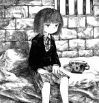  1girl antique_phone barred_window blazer blunt_bangs blunt_ends bob_cut collared_shirt feet_out_of_frame greyscale half-closed_eyes hands_on_lap highres indoors jacket kilsturgeon light_frown long_sleeves looking_ahead mission-chan mission-chan_no_dai-bouken monochrome neck_ribbon on_bed phone pleated_skirt ribbon rotary_phone sanpaku serious shadow shirt short_hair sitting skirt solo 
