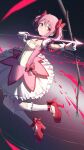  1girl absurdres arrow_(projectile) bobby_socks bow bow_(weapon) breasts choker closed_mouth commentary frilled_skirt frills full_body gloves hair_bow high_heels highres holding holding_bow_(weapon) holding_weapon kaname_madoka knees_up looking_at_viewer magical_girl mahou_shoujo_madoka_magica mahou_shoujo_madoka_magica_(anime) nyanko960121 puffy_short_sleeves puffy_sleeves red_bow red_choker red_eyes red_footwear ribbon_choker short_sleeves skirt small_breasts socks solo tearing_up weapon white_gloves white_socks 