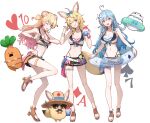  3girls :d ;d absurdres ahoge animal_ear_fluff animal_ears bikini bikini_skirt black_shirt black_shorts blonde_hair blue_hair bracelet breasts cleavage double_bun fang flower food fox_ears fox_girl front-tie_bikini_top front-tie_top gradient_hair green_eyes grin hair_bun hair_flower hair_ornament heart heart_ahoge heart_hands highleg highleg_bikini highres hololive hololive_summer_2023_swimsuit jewelry layered_bikini momosuzu_nene multicolored_hair multiple_girls navel nekko_(momosuzu_nene) official_alternate_costume omaru_polka one_eye_closed open_mouth pink_hair pointy_ears shaved_ice shirt shorts smile streaked_hair striped striped_bikini swimsuit toeless_footwear two_side_up virtual_youtuber white_bikini yami_ara yellow_eyes yukihana_lamy yukimin_(yukihana_lamy) zain_(omaru_polka) 