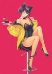  1girl animal_ears bar_stool bare_shoulders black_hair bow bowtie breasts cake cat_ears cat_tail chocolate_cake cleavage covered_navel dark-skinned_female dark_skin detached_collar e_(eokiba) food high_heels highres holding holding_plate jacket kittysuit leotard medium_breasts no_socks nontraditional_playboy_bunny open_clothes open_jacket original plate playboy_bunny short_hair side-tie_leotard solo stool tail yellow_jacket 