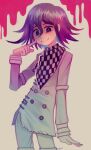  1boy absurdres blood buttons checkered_clothes checkered_scarf danganronpa_(series) danganronpa_v3:_killing_harmony glitchedpuppet hair_between_eyes highres jacket long_sleeves male_focus oma_kokichi pink_blood pointing pointing_at_self purple_eyes purple_hair scarf short_hair signature smile straitjacket white_jacket 
