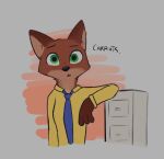  anthro canid canine dialogue disney elbow_on_furniture enginetrap fox fur green_eyes grey_background looking_at_viewer male mammal necktie nick_wilde red_body red_fur simple_background solo standing zootopia 
