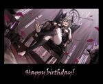  14sky 1girl alcohol black_border black_hair black_horns black_nails black_sleeves black_socks border borrowed_character breasts checkered_floor chinese_commentary commentary cup detached_sleeves drinking_glass english_text foot_up full_body gift_art gold_trim grey_hair hair_between_eyes hair_ornament halo happy_birthday highres holding holding_cup horns indoors long_hair looking_at_viewer multicolored_hair nail_polish on_chair open_mouth original petals pointy_ears red_eyes short_sleeves sitting small_breasts socks solo spilling stirrup_legwear streaked_hair toeless_legwear toenail_polish toenails wide_sleeves wine wine_glass 