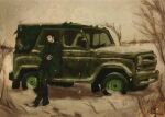  1boy artist_name bare_tree branch car closed_eyes grey_sky leaning leaning_back leaning_on_object lonesomnia motor_vehicle original signature sky snow solo sports_utility_vehicle tree uaz-469 