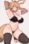  1girl absurdres ahoge animal_ear_fluff animal_ears armpits arms_behind_head black_bra black_panties black_thighhighs blonde_hair bra breasts closed_mouth collar earrings extra_ears facial_mark feet fishnet_sleeves fox_ears fox_tail highres hololive jewelry large_breasts looking_at_viewer multicolored_hair nail_polish navel no_shoes omaru_polka panties purple_eyes red_collar short_hair simple_background smile solo squatting stirrup_legwear streaked_hair tail thighhighs toeless_legwear toenail_polish toenails toes underwear underwear_only varniskarnis virtual_youtuber 