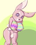  absurd_res anthro big_breasts blue_eyes bodypaint breasts cotton_tail covering covering_crotch easter eyelashes female fur green_background hi_res holidays lagomorph leporid looking_at_viewer mammal nipple_outline nude pink_body pink_fur rabbit simple_background smile solo suspnik tan_background thick_thighs white_body white_fur wide_hips 