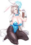  1girl animal_ears asuna_(blue_archive) asuna_(bunny)_(blue_archive) blue_archive blue_leotard breasts fugaku_(miko_no_miyatsuguchi) halo hand_on_own_face high_heels highres holding holding_hair large_breasts leotard playboy_bunny rabbit_ears solo white_background 