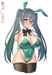  absurdres animal_ears black_bow black_bowtie black_thighhighs bow bowtie breasts cleavage cowboy_shot detached_collar elbow_gloves fake_animal_ears gloves green_eyes green_leotard grey_hair highleg highleg_leotard highres isuzu_(kancolle) kantai_collection large_breasts leotard one-hour_drawing_challenge playboy_bunny rabbit_ears simple_background strapless strapless_leotard tf_cafe thighhighs twintails white_background white_gloves 