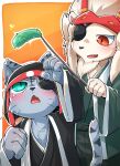  2023 5_fingers absurd_res anthro asian_clothing bemani blush border cat_toy clothing duo east_asian_clothing eye_patch eyewear fangs felid fingers fist fur grey_body grey_fur happy headgear headwear hi_res japanese_clothing kagetora_(pop&#039;n_music) kemokemo02091 kimono konami looking_up male mammal open_mouth orange_background pantherine playing pop&#039;n_music shishiwaka_(pop&#039;n_music) simple_background stripes teeth tiger white_body white_border white_fur 