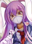  1girl animal_ears commentary_request from_below gloves grey_jacket hair_between_eyes heart highres holding jacket kana_(user_rkuc4823) long_hair mask mouth_mask multicolored_hair necktie purple_hair rabbit_ears red_hair red_necktie reisen_udongein_inaba solo spoken_heart streaked_hair touhou upper_body white_gloves 
