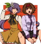  1jumangoku 2girls black_bow black_bowtie black_skirt border bow bowtie breasts brown_hair chin clenched_hand collar collared_dress commentary dress eyelashes flower frilled_dress frills frown hair_flower hair_ornament hand_in_own_hair hands_on_lap highres leaf_hair_ornament long_hair long_sleeves looking_at_viewer low_twintails miniskirt multiple_girls nail_polish open_mouth orange_background purple_collar purple_eyes purple_hair red_eyes red_hair red_nails shirt short_dress short_hair siblings sisters sitting skirt small_breasts teeth thick_eyebrows touhou tsukumo_benben tsukumo_yatsuhashi twintails upper_teeth_only v-shaped_eyebrows white_border white_flower white_shirt yellow_dress 