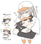  2girls absurdres baseball_cap baseball_uniform black_hair blush blush_stickers chibi commentary_request cropped_torso detached_arm detached_legs grey_eyes grey_hair grin hair_ornament hairclip hamu_(hamusand) hand_on_own_hip hat highres higuchi_kaede hug jikkyou_powerful_pro_yakyuu layered_sleeves long_hair long_sleeves mole mole_under_eye multiple_girls nijisanji parody ponytail purple_eyes shirt short_over_long_sleeves short_sleeves simple_background smile sparkle sportswear style_parody translation_request tsukino_mito turtleneck virtual_youtuber white_background white_shirt 