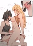  2girls ahoge animal_ears barbed_tongue black_hair blake_belladonna blonde_hair blush breasts clothes_lift fingering highres iceky large_breasts licking licking_nipple long_hair multiple_girls navel nipples open_mouth purple_eyes rwby shirt_lift short_hair sitting teeth tongue tongue_out upper_teeth_only yang_xiao_long yellow_eyes yuri 