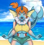  anthro beach big_breasts blacksheeptfs blue_body bottomwear breast_expansion breasts clothing cloud crop_top day eeveelution expansion female fin generation_1_pokemon gym_leader hair head_fin hi_res hotpants human_to_anthro mid_transformation misty_(pokemon) nintendo nipple_outline orange_hair outside pokemon pokemon_(species) sand seaside shirt shorts sky solo species_transformation standing suspenders tail tail_fin topwear transformation vaporeon 