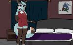  2_ears ammy_(cynically_wolf) anthro bedroom bedroom_eyes big_breasts blue_body blue_eyes blue_fur blue_hair breasts canid canine canis cheek_tuft clothed clothing cynically_wolf dress exposed_breasts eyelashes eyelashes_through_hair facial_tuft female fluffy fluffy_hair fluffy_tail fur fur_markings furniture gesture gesturing_at_viewer hair humanoid long_hair long_tail looking_at_viewer looking_back looking_back_at_viewer mammal markings multicolored_body multicolored_ears multicolored_fur multicolored_tail narrowed_eyes red_clothing red_dress seductive solo striped_body striped_fur stripes tail thick_eyelashes translucent translucent_hair tuft white_body white_fur wolf 