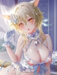  1girl absurdres animal_ear_fluff animal_ears babydoll bare_shoulders bell blonde_hair blush bow bowtie breasts cat_ears cleavage collarbone curtains feather_hair_ornament feathers flower genshin_impact gloves hair_between_eyes hair_flower hair_ornament highres jingle_bell large_breasts lingerie looking_at_viewer lumine_(genshin_impact) nipples panties pottsness ribbon short_hair_with_long_locks solo stomach tail tongue tongue_out twitter_username underwear white_flower yellow_eyes 