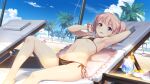  1girl arm_up armpits beach bikini black_bikini blue_sky breasts chair cocktail day drill_hair evenicle_2 game_cg looking_at_viewer lounge_chair lying non-web_source on_back outdoors palm_tree parted_lips pink_hair purple_eyes rona_heinlein sand shade side-tie_bikini_bottom sky small_breasts smile solo sunlight swimsuit takkun_(alicesoft) tree twin_drills 