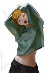  1girl arms_up brown_hair btmr_game closed_eyes crop_top facing_viewer green_sweater highres long_sleeves navel open_mouth persona persona_4 satonaka_chie short_hair signature simple_background solo sweater teeth twitter_username upper_body upper_teeth_only waking_up yawning 