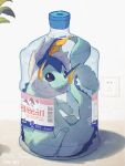  arc_draws bottle bright_pupils closed_mouth commentary_request electrical_outlet highres indoors label looking_at_viewer no_humans pokemon pokemon_(creature) purple_eyes solo twitter_username vaporeon water_bottle white_pupils 