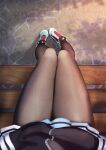  1girl absurdres aqua_footwear bench black_jacket blue_archive from_above highres jacket kazusa_(blue_archive) pantyhose rancidronin shoes sitting skirt sneakers solo thighs 