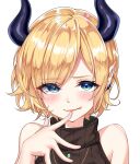  1girl absurdres aqua_eyes bare_shoulders black_horns blonde_hair blush closed_mouth demon_girl demon_horns earrings eyelashes hair_over_one_eye hand_up highres hololive horns jewelry licking_lips looking_at_viewer necklace neg_carrot official_alternate_costume parted_bangs pointy_ears portrait ribbed_shirt shirt short_hair simple_background solo swept_bangs tongue tongue_out turtleneck virtual_youtuber white_background yuzuki_choco yuzuki_choco_(6th_costume) 