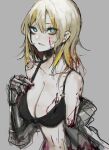  1girl absurdres bags_under_eyes black_bra blonde_hair blood blood_in_hair blood_on_body blood_on_breasts blood_on_face blue_eyes bra breasts chuhaibane closed_mouth faust_(limbus_company) gauntlets grey_background highres large_breasts limbus_company looking_at_viewer multicolored_hair parted_lips project_moon simple_background solo streaked_hair underwear white_hair 