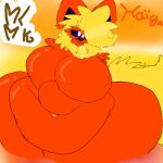  anthro big_breasts big_penis big_tail blonde_hair blue_eyes breasts character_name eeveelution female flareon fur generation_1_pokemon genitals glistening glistening_body haiga hair huge_penis nintendo nixielikeschaos overweight overweight_female penis pokemon pokemon_(species) red_body red_text signature solo tail text yellow_body yellow_fur 