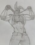  abs anthro biceps bodily_fluids chest_tuft clothed clothing digital_creature five_nights_at_freddy&#039;s five_nights_at_freddy&#039;s:_security_breach five_nights_at_freddy&#039;s:_security_breach_ruin glitch glowing glowing_markings graphite_(artwork) half_naked hi_res lagomorph leporid looking_at_viewer machine male mammal markings muscular muscular_male mxes_(fnaf) necktie pecs pencil_(artwork) presenting rabbit raised_clothing raised_shirt raised_topwear robot saliva saliva_on_tongue scottgames shirt smile smirk solo solo_focus steel_wool_studios topwear traditional_media_(artwork) tuft unzipped zipper 