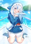  1girl absurdres blue_eyes blue_hair blush fins fish_tail gawr_gura grey_hair highres hololive hololive_english hood hoodie multicolored_hair open_mouth shark_girl shark_tail smile socks streaked_hair striped striped_socks tail teeth uosaasou virtual_youtuber 