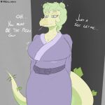  1:1 anthro big_breasts breasts cleavage clothed clothing colored dinosaur english_text female nicklusious ornithischian reptile scalie simple_background snoot_game solo stegosaurian stegosaurus stella_(snoot_game) tail text thyreophoran 