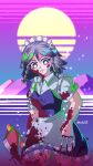  1980s_(style) apron axe braid embodiment_of_scarlet_devil grey_hair highres holding holding_knife holding_weapon hotline_miami izayoi_sakuya karebu52 knife knives_between_fingers maid maid_apron maid_headdress retro_artstyle short_hair touhou twin_braids waist_apron weapon 