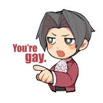  1boy ace_attorney ascot blush_stickers bright_pupils chibi cropped_torso dot_nose english_text frilled_ascot frills grey_eyes grey_hair hair_intakes highres jacket long_sleeves male_focus miles_edgeworth open_clothes open_jacket open_mouth pointing red_jacket short_hair simple_background solo upper_body white_ascot white_background white_pupils yezhi_(48693232) 