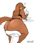  2023 absurd_res afghan_hound anthro artist_name beverage big_butt black_nose bra brown_eyes butt canid canine canis clothing colored computer digital_media_(artwork) domestic_dog female furgonomics furniture herrkennstalles hi_res holding_beverage holding_object huge_butt hunting_dog laptop low-angle_view mammal on_phone panties sighthound simple_background sitting_on_stool solo stool thick_thighs underwear worm&#039;s-eye_view 