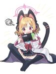  1girl animal_ear_headphones animal_ears black_skirt black_thighhighs blonde_hair blue_archive blush bow cat_ear_headphones cat_tail commentary fake_animal_ears hair_bow halo handheld_game_console headphones highres holding holding_handheld_game_console jacket long_sleeves momoi_(blue_archive) no_shoes notice_lines open_mouth panties pantyshot parted_bangs pink_eyes pleated_skirt red_bow short_hair shouting simple_background sitting skirt solo squiggle tail thighhighs torakusame underwear v-shaped_eyebrows wavy_mouth white_background white_jacket white_panties wide_sleeves 
