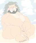  absurd_res anthro arsalan beard blush eyebrows facial_hair felid green_hair hair hi_res lifewonders lion male mammal mature_male meimei_kia muscular muscular_anthro muscular_male nude one_eye_closed pantherine pecs sitting solo thick_eyebrows tokyo_afterschool_summoners wink 