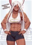  1girl abs absurdres animal_ears bare_shoulders bike_shorts black_shorts boku_no_hero_academia breasts cleavage cowboy_shot crescent_print dark-skinned_female dark_skin english_text grin hands_on_own_hips heart highres long_eyelashes long_hair looking_at_viewer medium_breasts mirko muscular muscular_female navel parted_bangs rabbit_ears rabbit_girl red_eyes shorts signature smile solo speedl00ver sports_bra stomach sweat thighs very_long_hair white_hair white_sports_bra wristband 