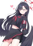  1girl 4_m_lacra black_choker black_eyes black_gloves black_hair black_serafuku black_shirt black_shorts black_skirt black_wings blue_archive blush breasts choker clothes_lift feathered_wings gloves heart highres ichika_(blue_archive) lifted_by_self looking_at_viewer low_wings one_eye_closed school_uniform serafuku shirt shorts skirt skirt_lift small_breasts smile solo wings 