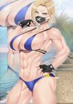  1girl beach bikini blonde_hair blue_archive blue_bikini breasts coconut_tree fingerless_gloves gloves highres koucha_indian large_breasts mask mouth_mask multicolored_eyes muscular ocean palm_tree sand seaside_sukeban_(mg)_(blue_archive) short_hair solo swimsuit tree x zoom_layer 
