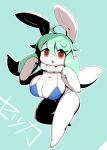  anthro big_breasts bikini blue_background blue_bikini blue_clothing blue_swimwear breasts clothing female full-length_portrait fur green_hair hair hair_between_eyes hi_res japanese_text lagomorph leporid long_hair looking_at_viewer mammal obikuragetyan open_mouth orange_eyes outline portrait rabbit simple_background smile solo standing swimwear text thick_thighs translation_request white_body white_fur white_outline 