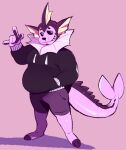  2023 anthro black_body black_nose black_sclera bottomwear clothing eeveelution feet generation_1_pokemon grin male nintendo overweight overweight_male pants ploommy pokemon pokemon_(species) purple_background purple_body simple_background smile solo vaporeon 