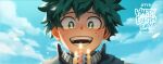  1boy birthday blue_sky blurry blurry_foreground boku_no_hero_academia candle cloud day fire flame freckles green_eyes green_hair green_jumpsuit happy_birthday highres jumpsuit light_blush male_focus midoriya_izuku open_mouth outdoors short_hair sky solo spiked_hair superhero upper_body yeol2510 