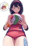  1boy 1girl alternate_costume angry ball black_hair blue_eyes blush body_writing buruma closed_mouth commentary_request elbow_pads gridman_universe gym_shirt gym_uniform headband hibiki_yuuta highres holding holding_ball long_hair looking_at_viewer orange_scrunchie red_buruma red_hair scrunchie shirt showhey!! spoken_character sportswear ssss.gridman standing takarada_rikka thighs translation_request volleyball volleyball_(object) volleyball_uniform white_background wrist_scrunchie 