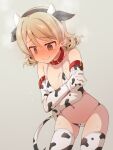  1girl @_@ animal_collar animal_ears animal_print bare_shoulders belt_collar bikini blush breasts brown_eyes cleavage collar cow_ears cow_horns cow_print cow_tail drill_hair ear_blush elbow_gloves embarrassed fake_animal_ears fake_horns full-face_blush gloves grey_background hair_between_eyes head_steam horns idolmaster idolmaster_cinderella_girls light_brown_hair morikubo_nono navel red_collar ringlets simple_background skindentation small_breasts solo steam string_bikini sweat swimsuit tail uccow wavy_mouth 