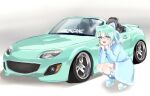  1girl aqua_hair blue_dress blue_eyes boots bow car convertible dress frilled_footwear hair_bow hands_on_own_cheeks hands_on_own_face highres huge_bow mazda_mx-5 mazda_mx-5_nc motor_vehicle mugi_(marineblue134) open_mouth original personification shadow smile solo squatting stance_(vehicle) vehicle_and_personification vehicle_focus white_footwear 