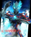  1boy alien arm_up asymmetrical_horns blue_eyes blue_horns character_name city cityscape color_timer contrapposto crystal glowing glowing_eyes highres horns ni_celery_pk night night_sky orb sky solo tokusatsu twitter_username ultra_series ultraman_blazar ultraman_blazar_(series) 