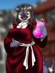  2023 3:4 anthro avian black_hair blurred_background breasts clothing dress emale female hair halcy0n hi_res holding_object holding_potion looking_at_viewer open_mouth orange_eyes potion red_clothing red_dress smile solo solof tail 