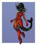  anthro black_body black_hair black_skin blizzard_entertainment clothed clothing digital_media_(artwork) dutchsyndicalist fish green_eyes green_stripes hair hi_res horn looking_at_viewer male marine mercy_(overwatch) overwatch rubber shark simple_background smile solo stripes tail 