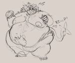  anthro areola belly big_moobs biped blush bodily_fluids body_hair chest_tuft clothing embarrassed food generation_4_pokemon luxray male moobs morbidly_obese nintendo nipples obese onetonhalfshell overweight pokemon pokemon_(species) sandwich_(food) simple_background sketch solo sweat sweatdrop tears tuft wardrobe_malfunction 