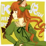 1girl animal_ears bangs blunt_bangs braid cat_ears cat_girl character_name dress green_dress green_ribbon hand_on_hip juliet_sleeves kaenbyou_rin long_hair long_sleeves looking_to_the_side nail_polish neck_ribbon puffy_sleeves red_eyes red_hair red_nails ribbon simple_background single_braid smile solo toad22 touhou yellow_background 